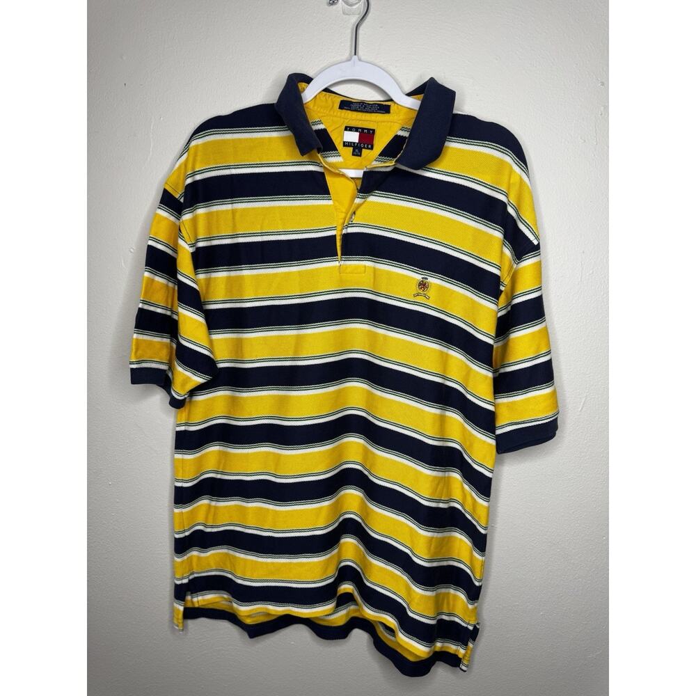 VINTAGE Tommy Hilfiger Polo Shirt Mens XL Yellow NAVY White Striped Crest Rugby